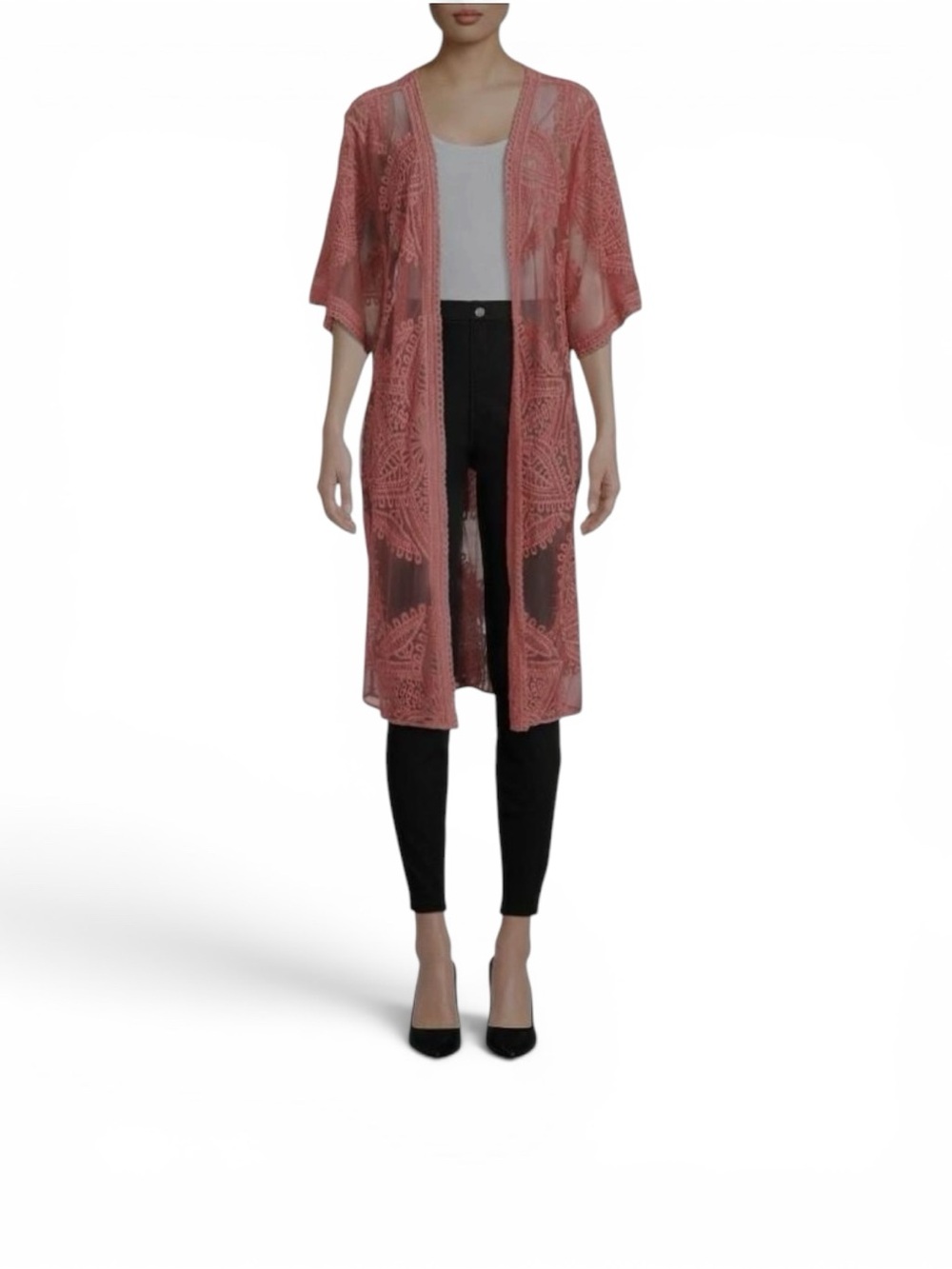 Time and Tru Coral Lace Open-Front Kimono Cover-up Lingerie Robe